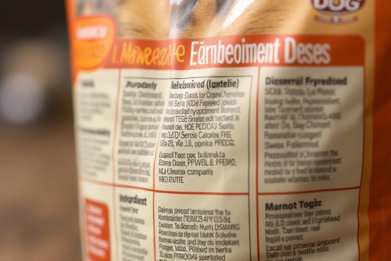 Malapitang kuha ng label ng dog food na may mga sangkap
