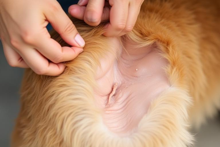 Detalyadong closeup ng malusog na balat at balahibo ng aso, may kamay ng tao na dahan-dahang sinusuri.